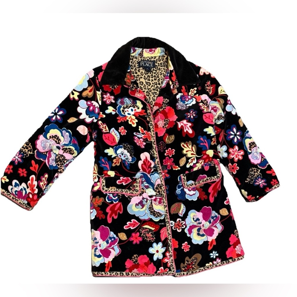 Children's Place Kids Velvet Floral Coat Leopard Print Lining Black Multi‎ M 7/8